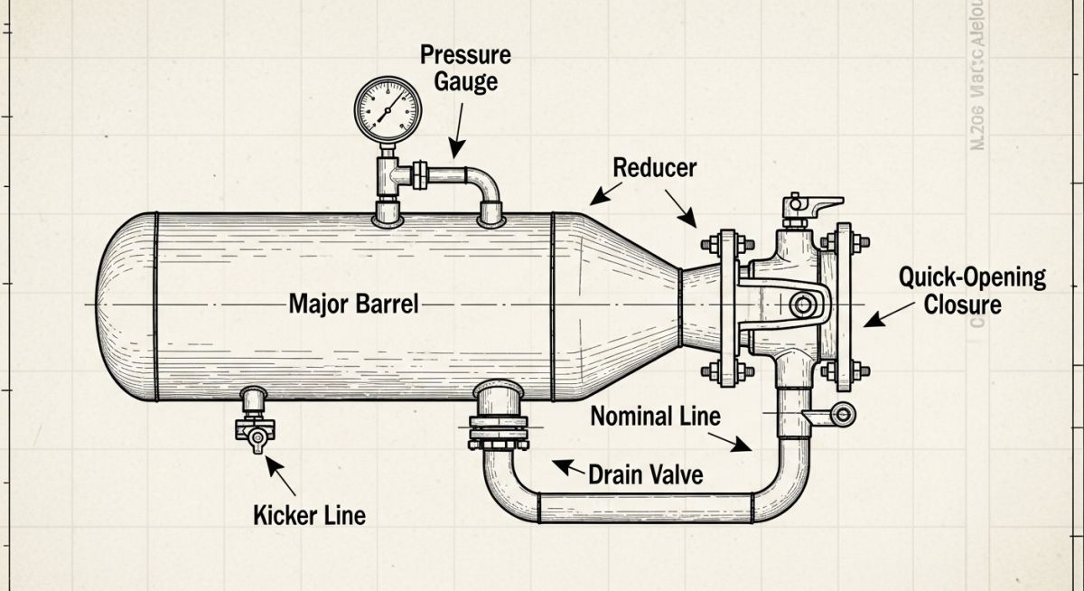 Technical schematic diagram of a pig launcher showing major barrel, minor barrel, kicker line, bypass line, and quick opening closure