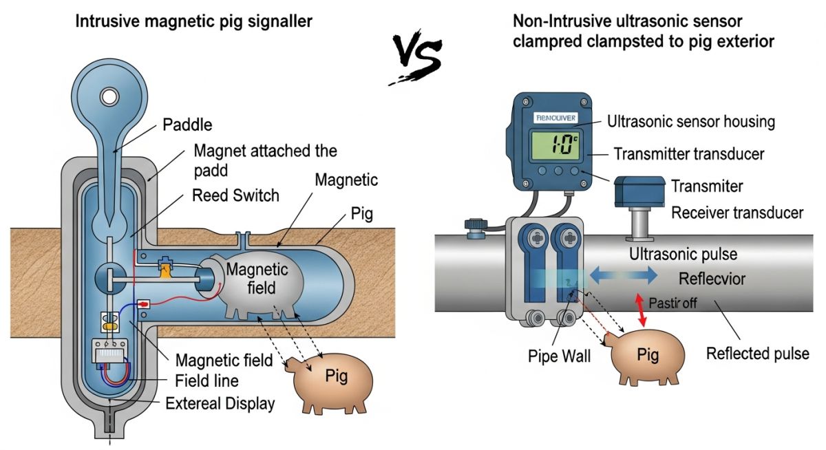 Technical diagram showing mechanical and intrusive pig signaller types