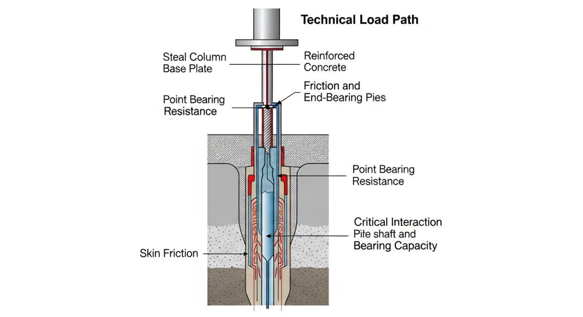 Diagram showing load transfer from pipe rack to pile cap and deep piles