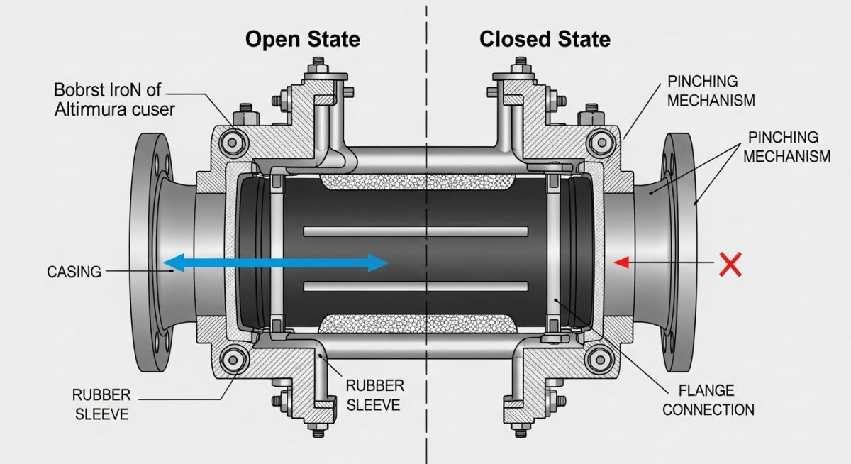 Pinch valve working mechanism diagram showing open and closed states