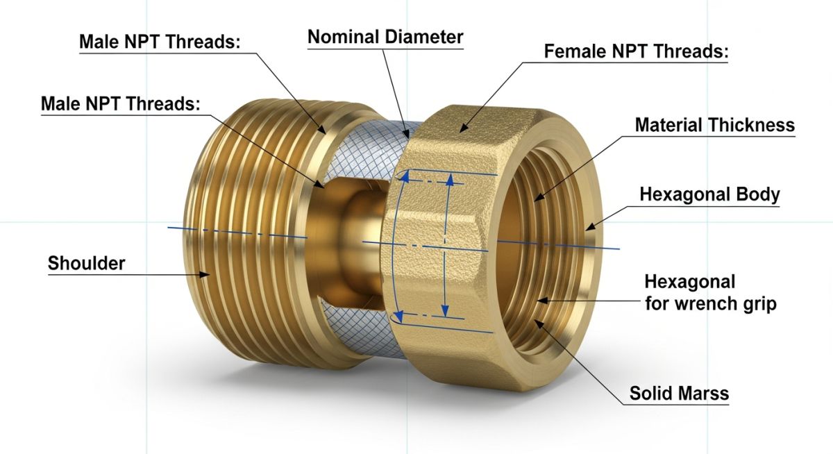 Technical diagram showing the cross-section and thread engagement of a pipe adapter