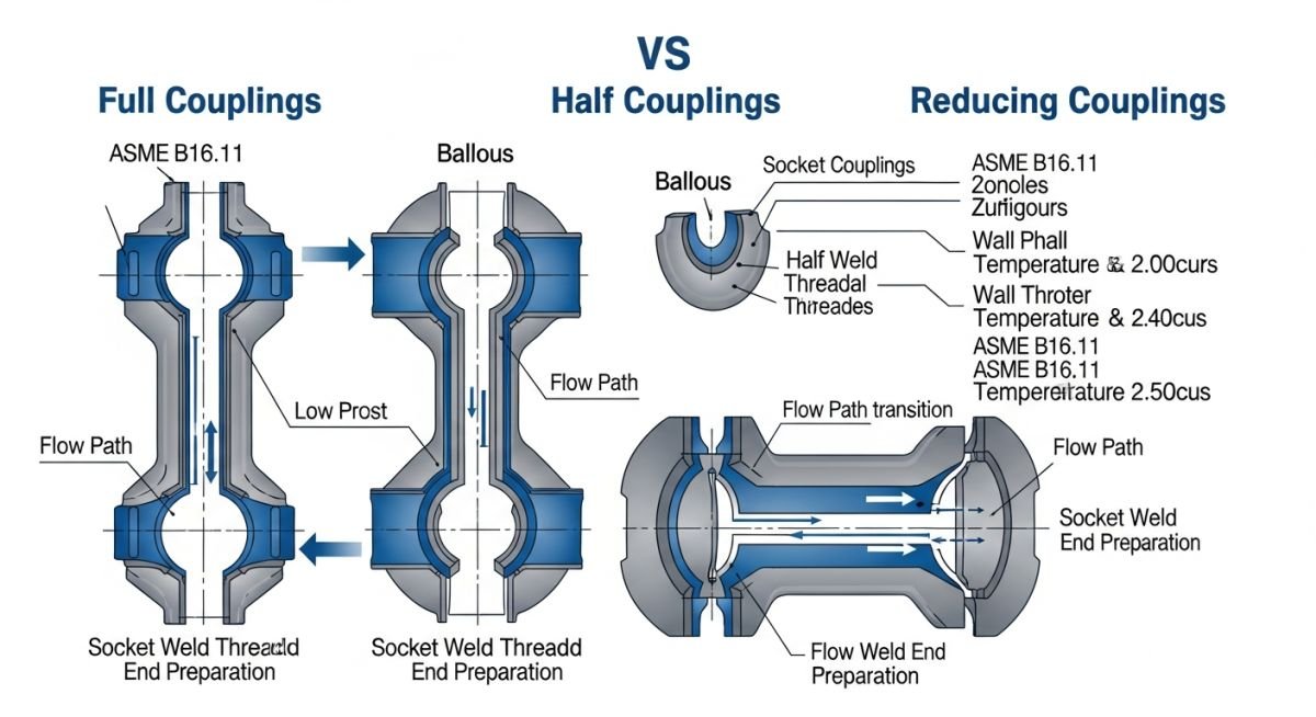 Infographic showing various pipe coupling types including threaded, socket-weld, and reducing couplings