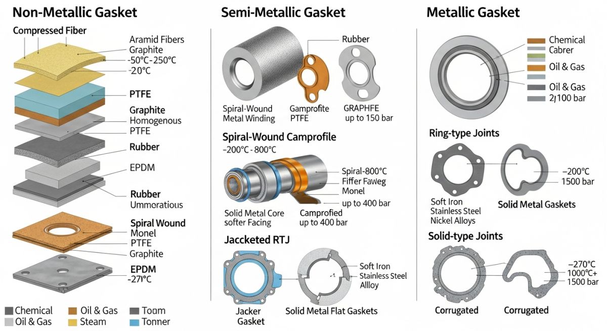 Technical comparison chart of pipe flange gaskets showing temperature and pressure limits