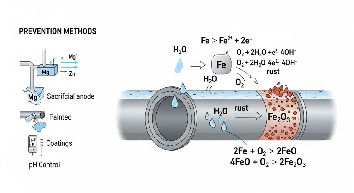 Technical diagram showing the electrochemical corrosion cell in rusting pipes