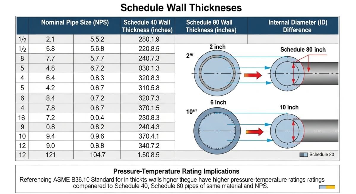 Comparison chart illustrating wall thickness differences between Schedule 40 and 80