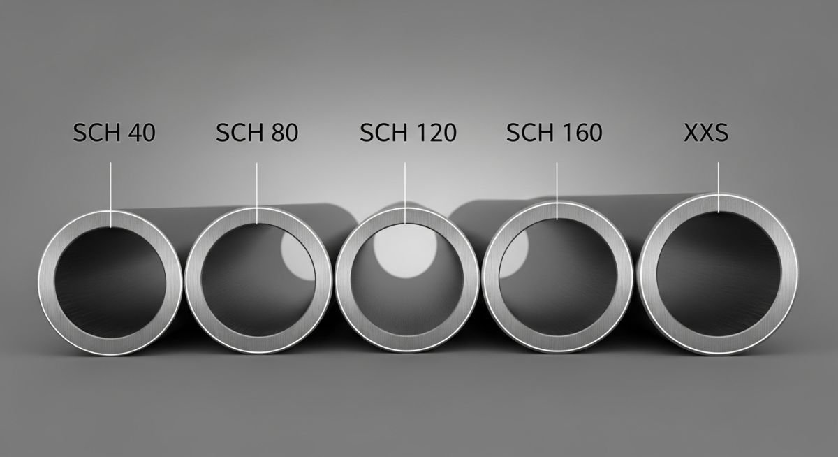 Cross-section view of industrial steel pipes showing varying wall thicknesses for different pipe schedules.