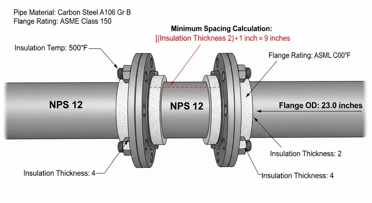 Technical diagram illustrating pipe spacing calculations with flanges and insulation