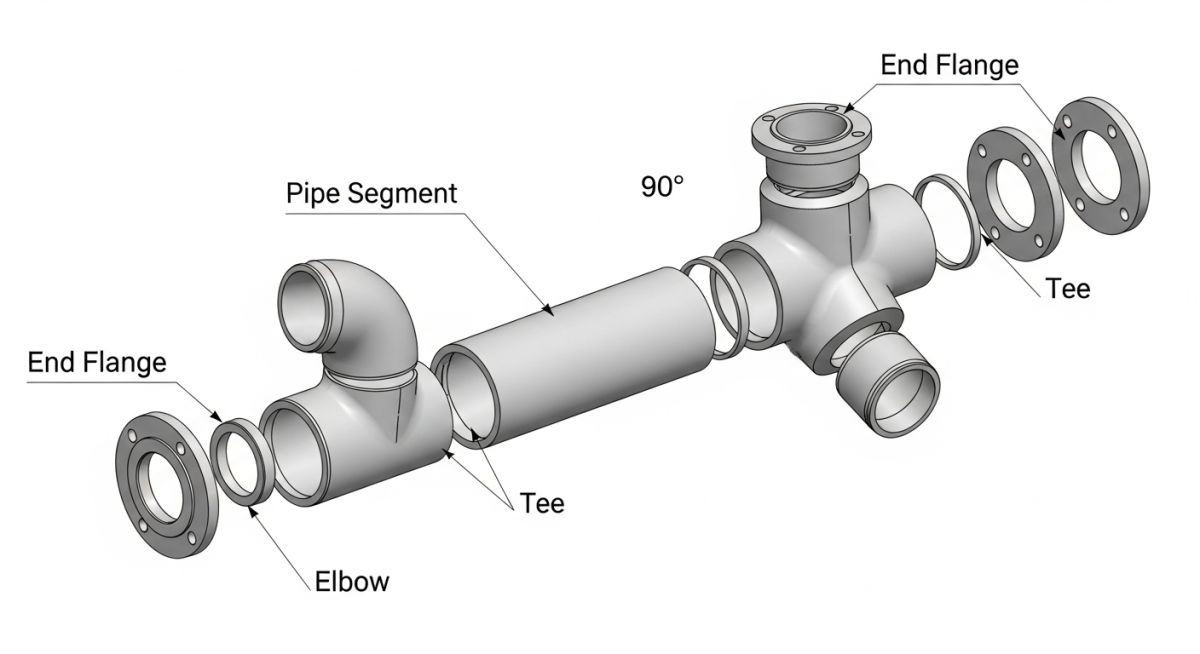 Pipe spool assembly components diagram showing flanges, elbows, and welds