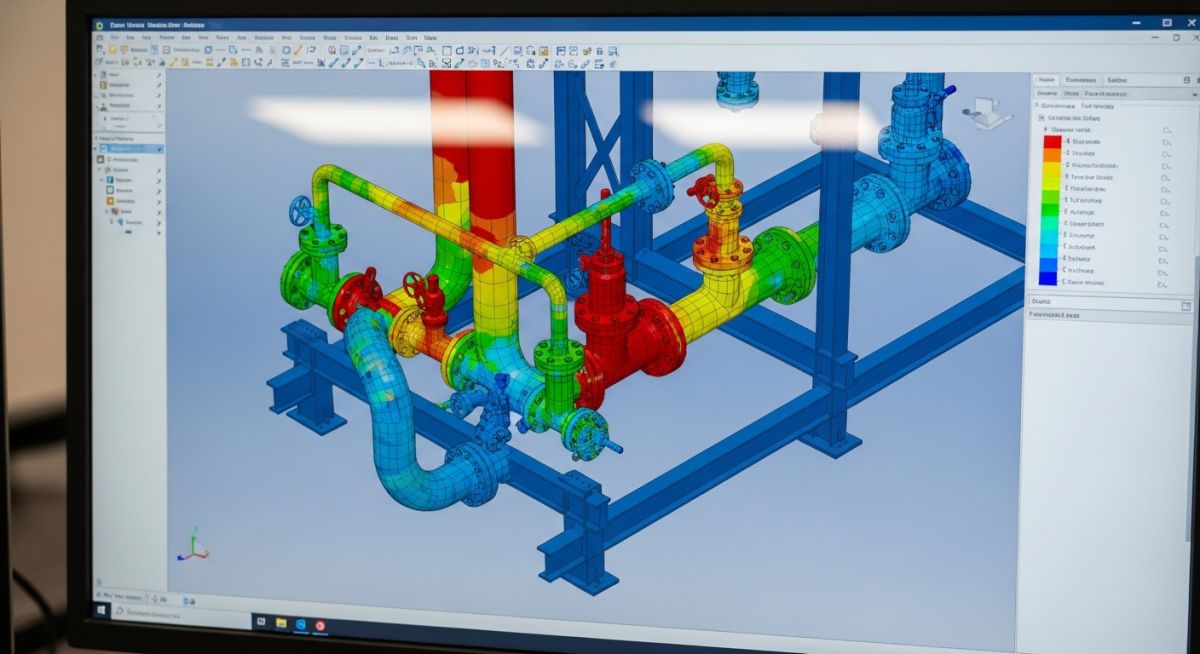 3D CAD model of an industrial piping system showing color-coded stress analysis on a computer screen.