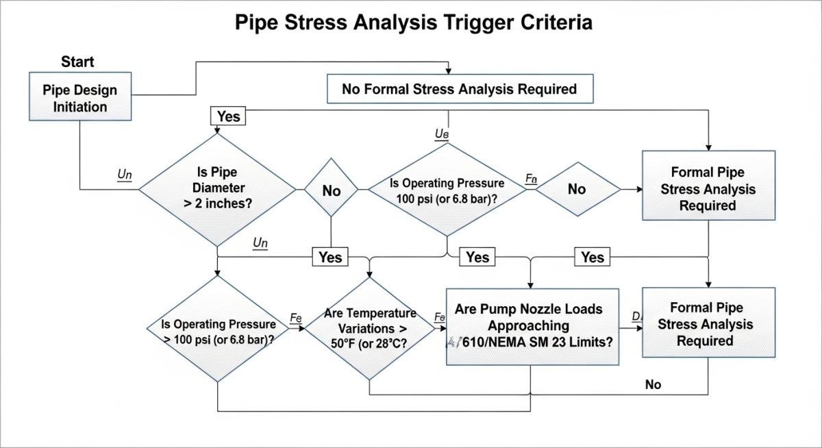Pipe stress analysis decision flowchart for cold water piping systems