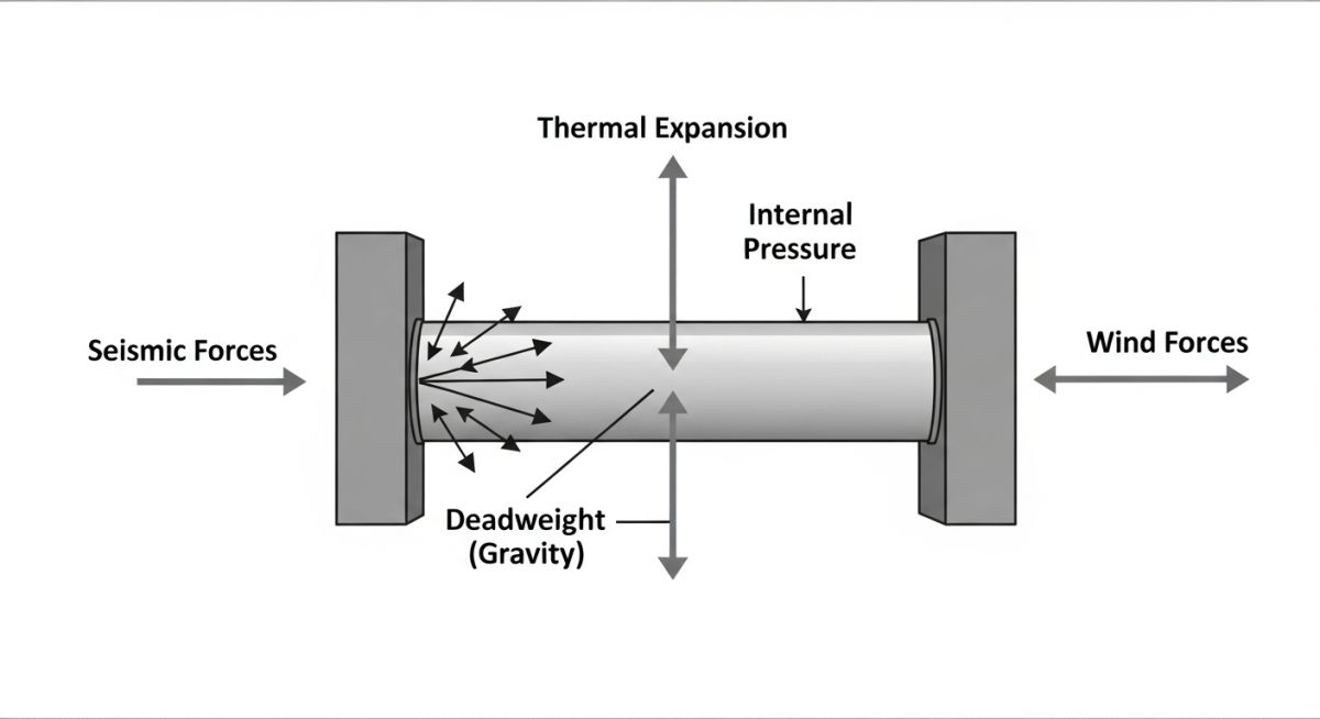 Technical diagram illustrating forces and moments in pipe stress analysis