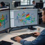 Pipe stress engineer analyzing a 3D piping system model on dual monitors.