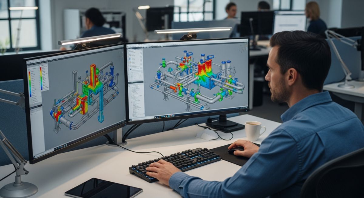 Pipe stress engineer analyzing a 3D piping system model on dual monitors.