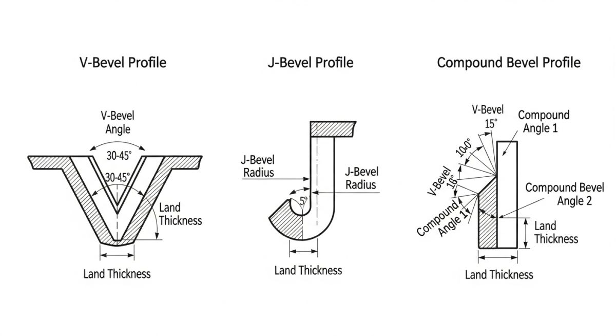Technical diagram showing standard pipe weld preparation bevel profiles including V-bevel, J-bevel, and compound bevel geometries