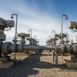 Outdoor pipeline block valve station with large isolation valves and actuators.