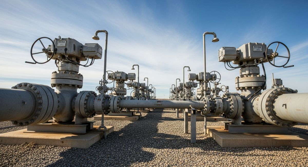 Outdoor pipeline block valve station with large isolation valves and actuators.