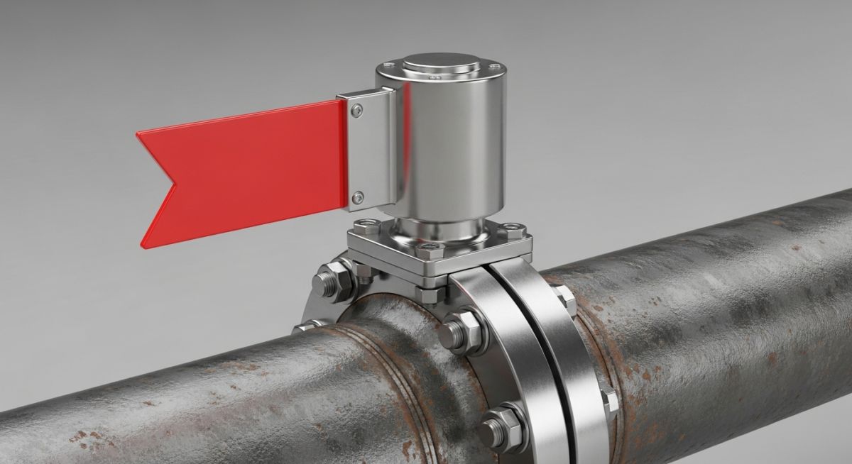 Mechanical intrusive pig signaller with a visual flag indicator mounted on an industrial pipeline.