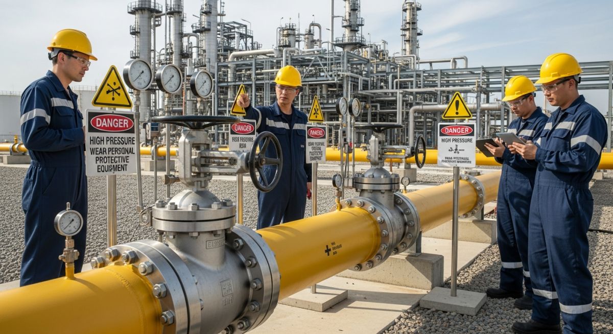 Piping engineers performing a final safety inspection and walk-down of a large-diameter industrial pipeline before system commissioning.