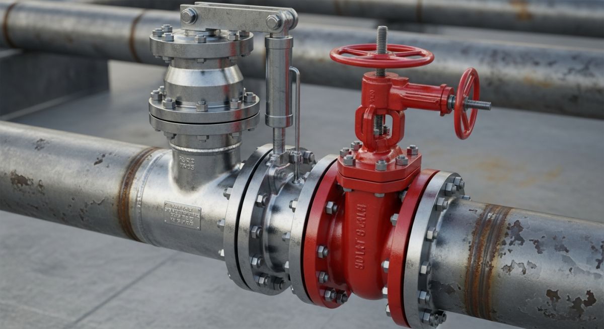A pipeline stopple fitting installed on an industrial steel pipeline for isolation.