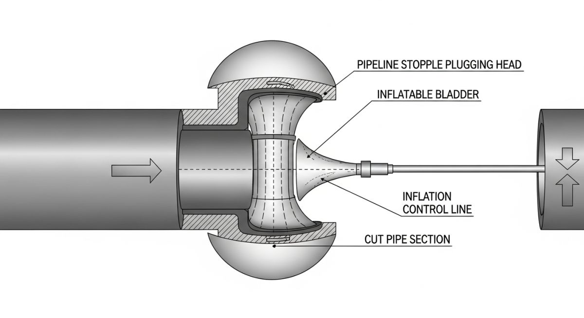 Technical diagram of a pipeline stopple plugging head and bypass configuration