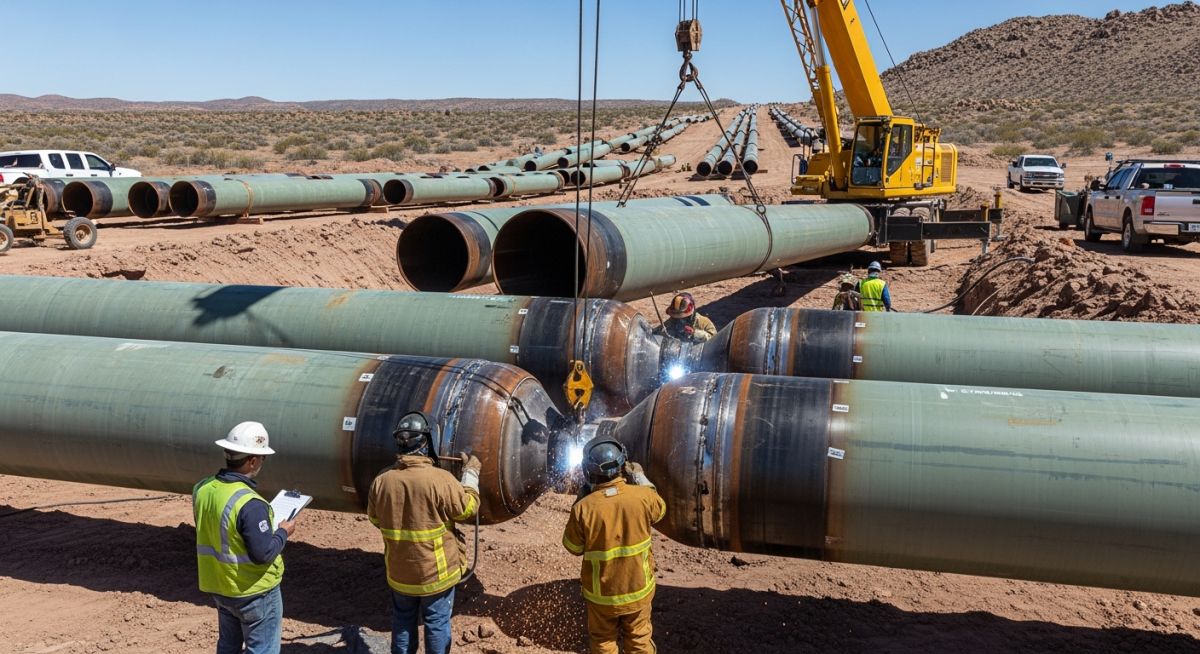 Industrial cross-country pipeline installation featuring large-diameter carbon steel pipes with protective coatings and welded joints in a desert landscape.