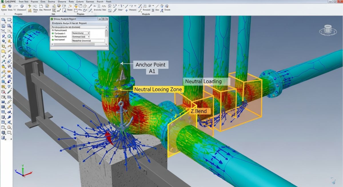 3D piping stress analysis model showing an industrial anchor point with thermal expansion vectors and stress distribution zones.
