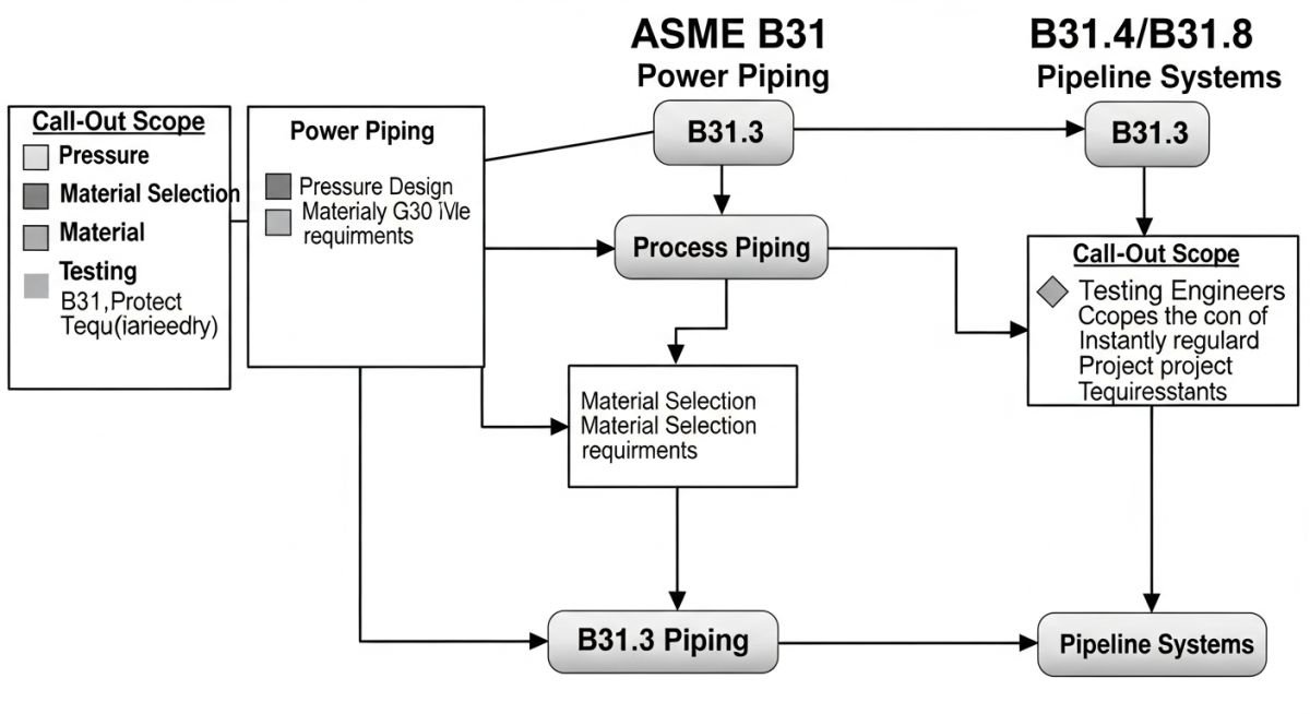 Hierarchy of piping codes showing ASME B31 series and supporting API/ASTM standards