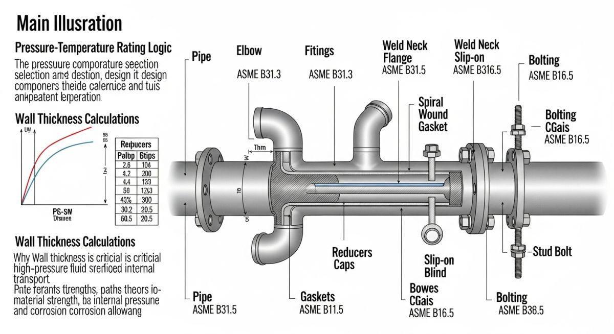 Technical infographic detailing pipe fittings, flanges, and valve types