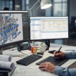 Senior piping engineer analyzing 3D plant models and financial cost estimation data on a workstation.
