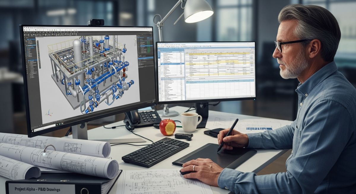 Senior piping engineer analyzing 3D plant models and financial cost estimation data on a workstation.