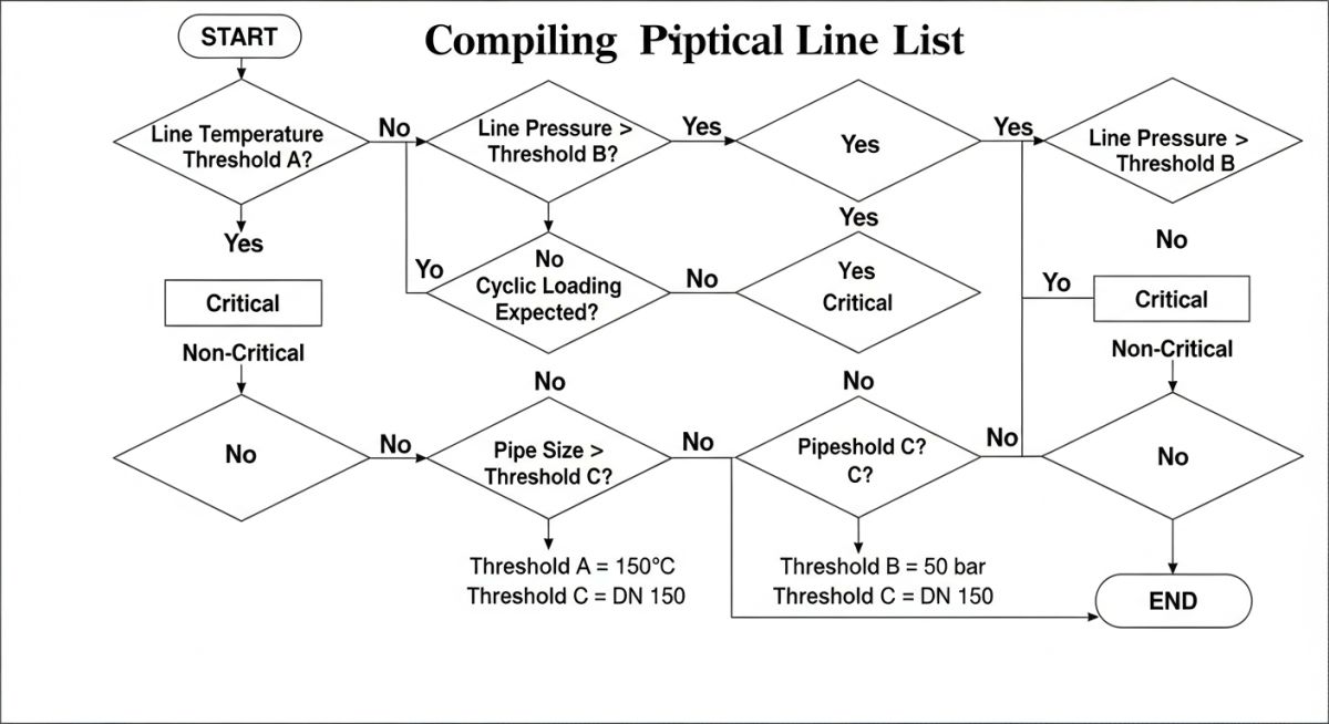 Piping critical line list selection flowchart showing decision paths for stress analysis