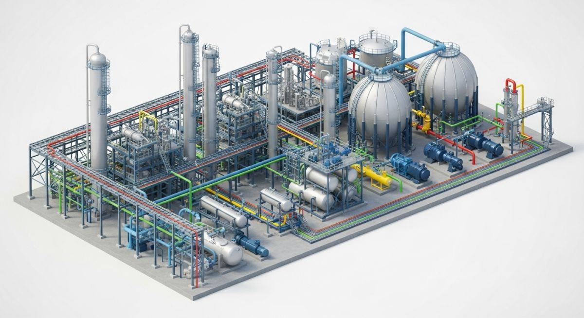 3D isometric rendering of an industrial plant piping model showing integrated engineering systems and complex pipe rack routing.