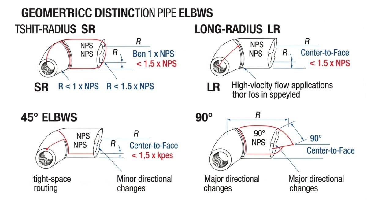 Technical diagram showing long radius vs short radius elbow dimensions