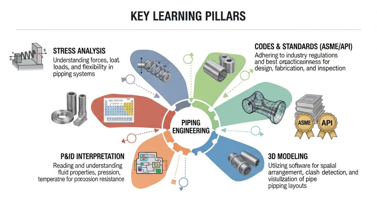 Piping engineering curriculum roadmap showing stress analysis, materials, and 3D modeling tracks
