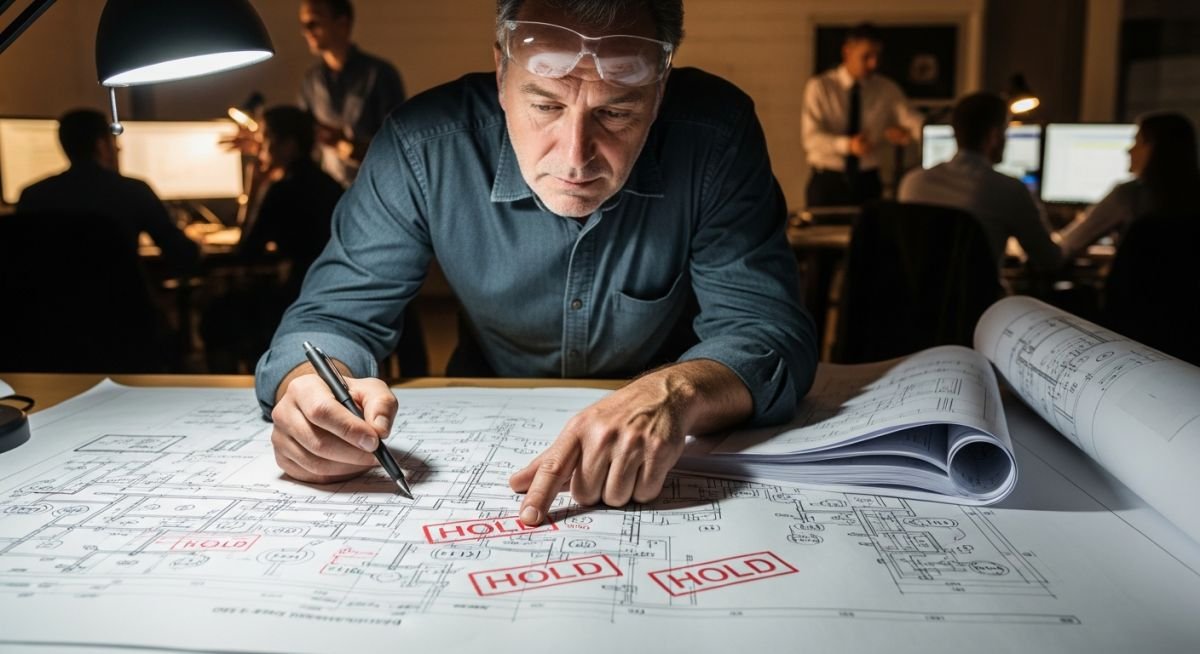 Senior piping engineer reviewing P&ID drawings with red ink HOLD stamps in a professional design office.