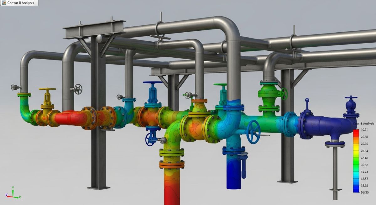 3D stress analysis model of a piping system showing fatigue hot spots in Caesar II.