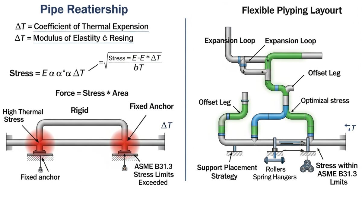ASME B31.3 piping flexibility analysis workflow and thermal stress calculation infographic