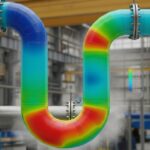 3D engineering visualization of a piping system undergoing thermal expansion with stress concentration points highlighted in red and yellow.