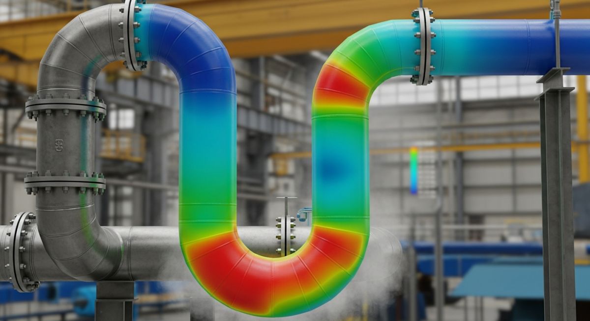 3D engineering visualization of a piping system undergoing thermal expansion with stress concentration points highlighted in red and yellow.
