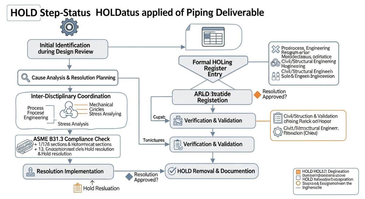 Workflow diagram showing the lifecycle of a piping engineering hold