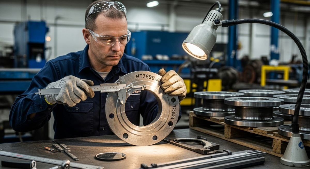 Piping inspector verifying heat numbers and dimensional accuracy on industrial steel flanges during a pre-shipment quality control audit.