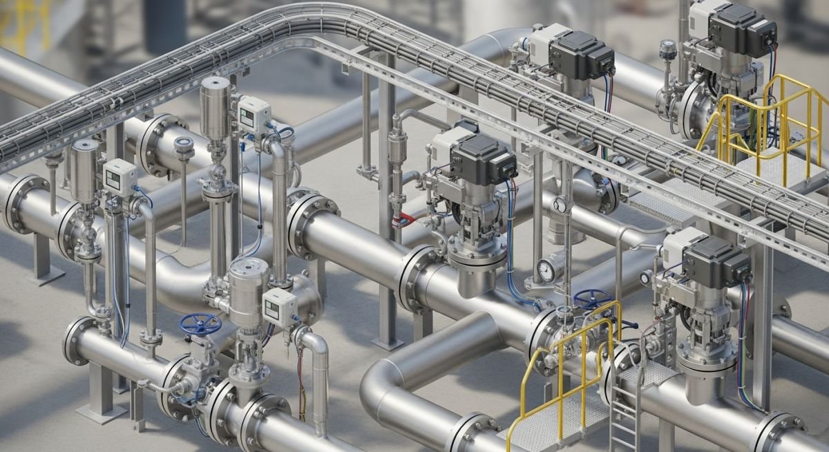 Detailed 3D engineering render showing the Piping and Instrument Interface on a process line with mounted pressure transmitters and control valves.