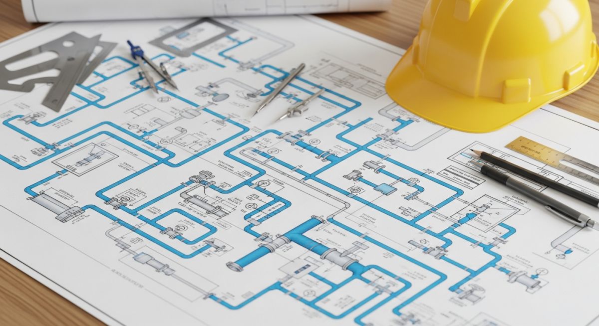 Detailed piping isometric drawing on an engineer's desk showing various piping abbreviations and symbols.