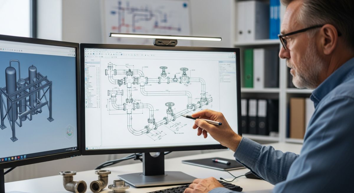 Senior piping engineer performing a detailed quality check on a complex isometric drawing in a modern design office environment.