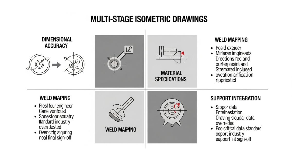 Technical infographic detailing the piping isometric drawing verification workflow.