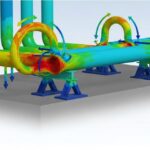 3D engineering visualization showing primary gravity loads on pipe supports versus secondary thermal expansion loads in a process plant.