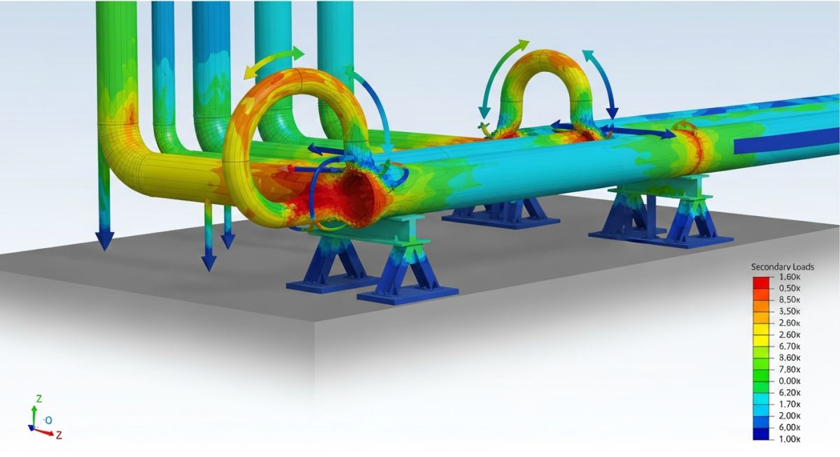 3D engineering visualization showing primary gravity loads on pipe supports versus secondary thermal expansion loads in a process plant.