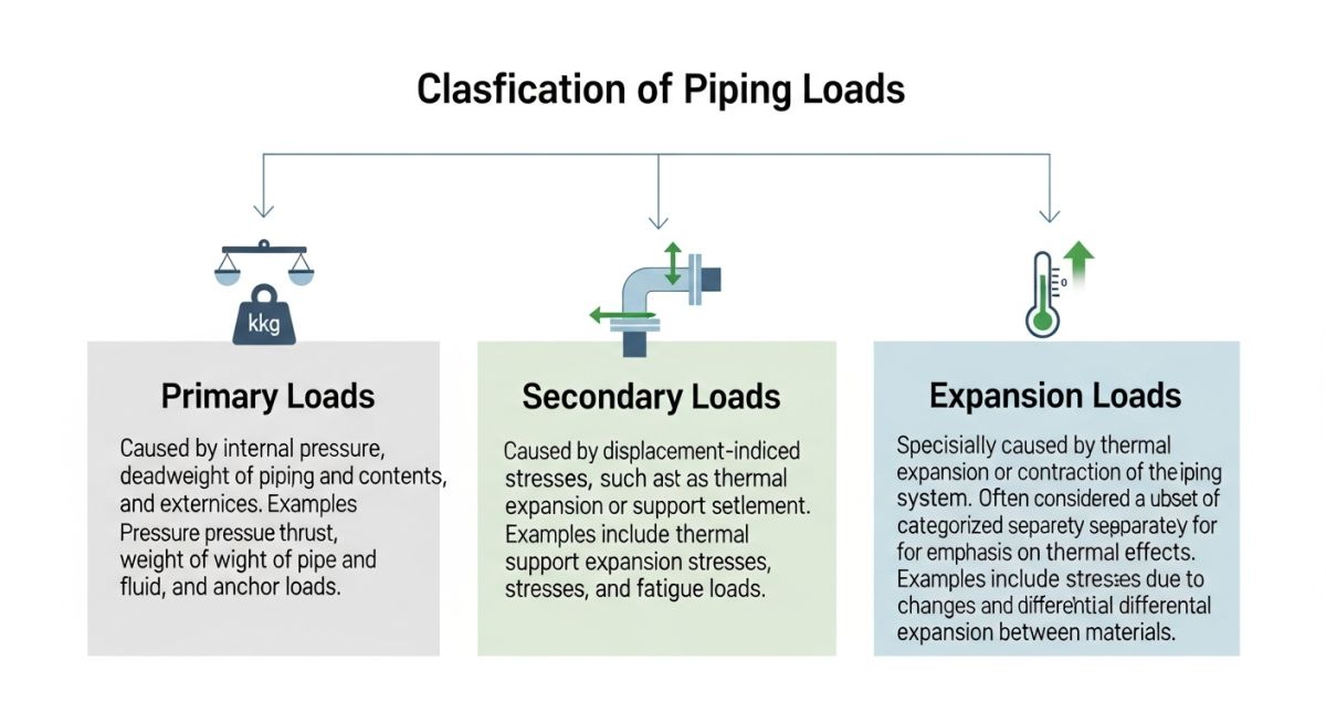 Piping loads classification infographic showing sustained, occasional, and expansion loads