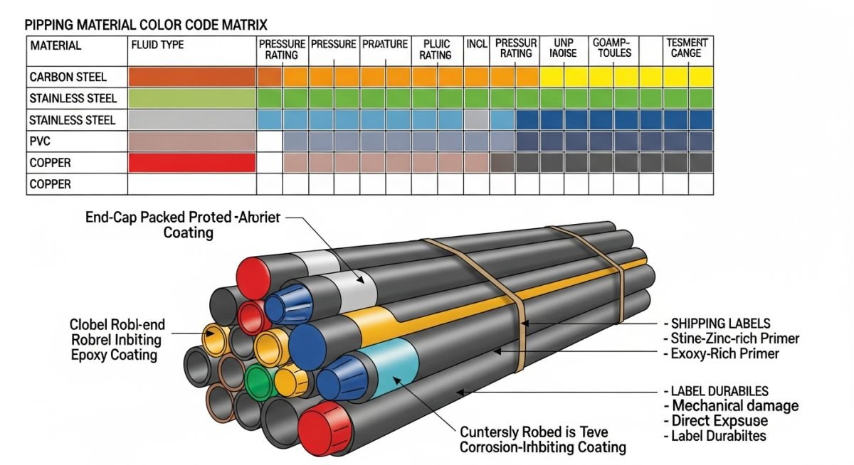 Technical infographic showing piping marking and packing requirements