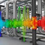 3D FEA model of a piping system showing modal analysis vibration shapes and stress distribution.